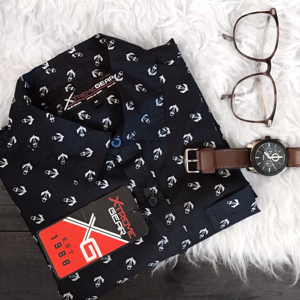 Men's NWT Navy Blue Anchor Short Sleeve Button-Up